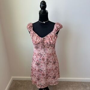 Floral Pink Ruffle Neckline Dress